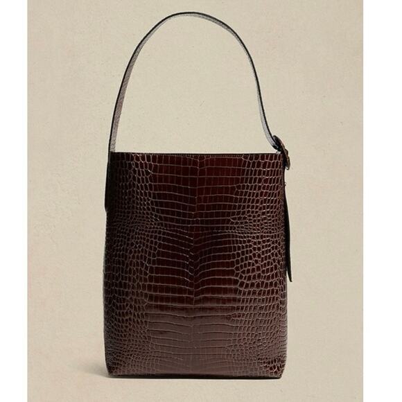 Banana Republic Vida Bag Croc Embossed Leather Shoulder Tote Brown Oversized - Picture 2 of 15